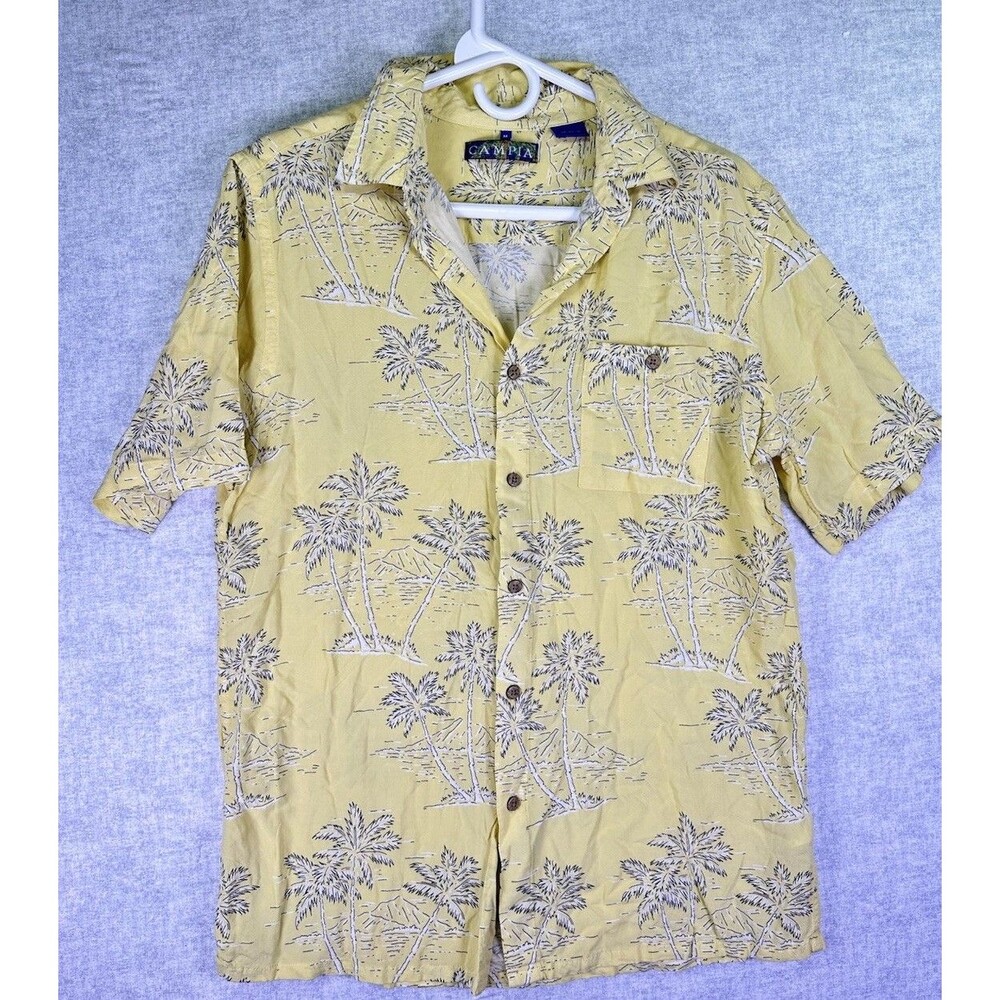 CAMPIA MODA Hawaiian Men's Button Shirt Palm Tree Yellow Rayon Size Medium Aloha